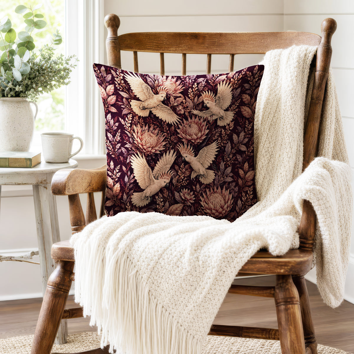 Cockatoos & Proteas – Dark Botanical Pillow