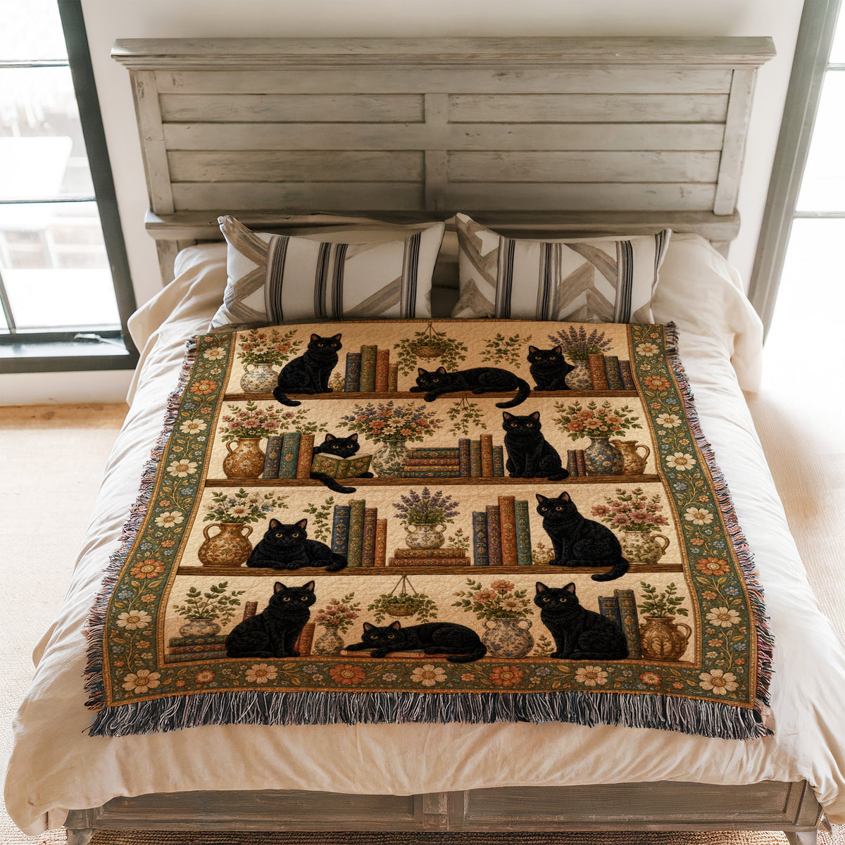 Black Cat Botanical Library Blanket