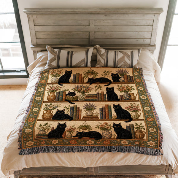 Black Cat Botanical Library Blanket