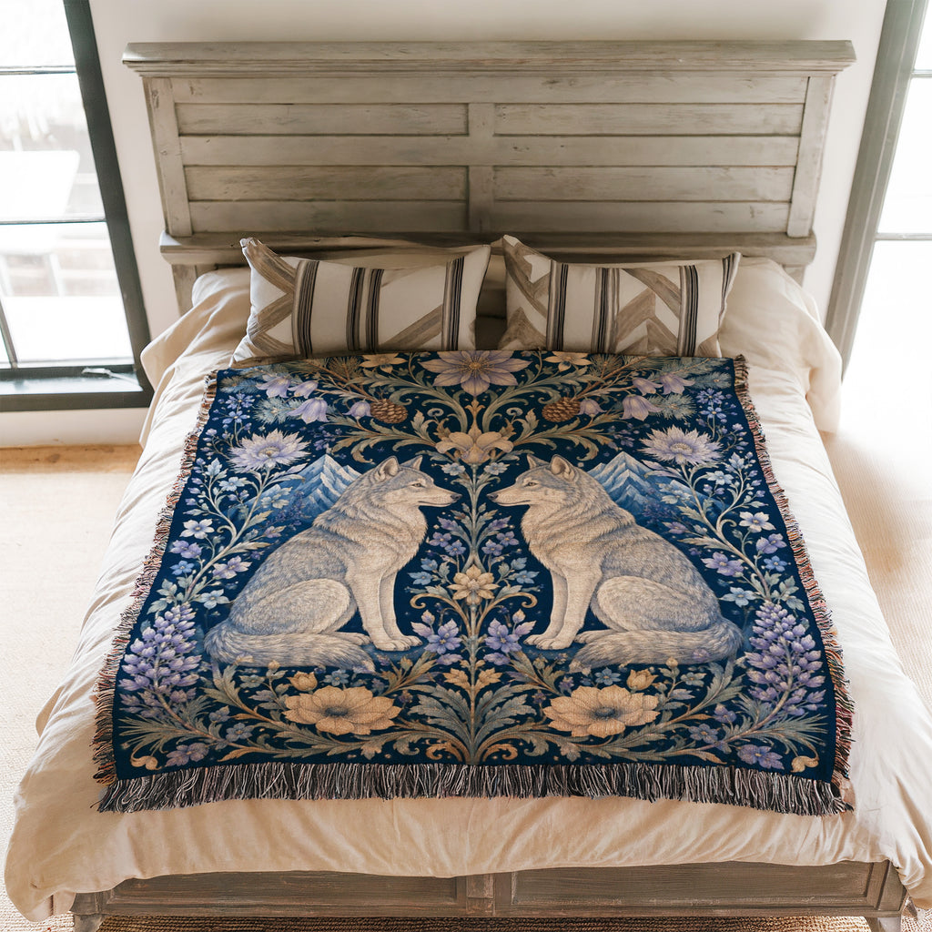 Moonlit Wolf Floral Blanket