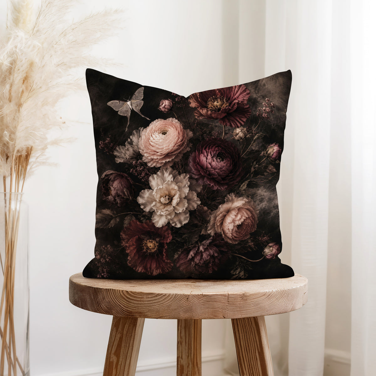 Nocturne Bouquet – Dark Floral Moth Pillow