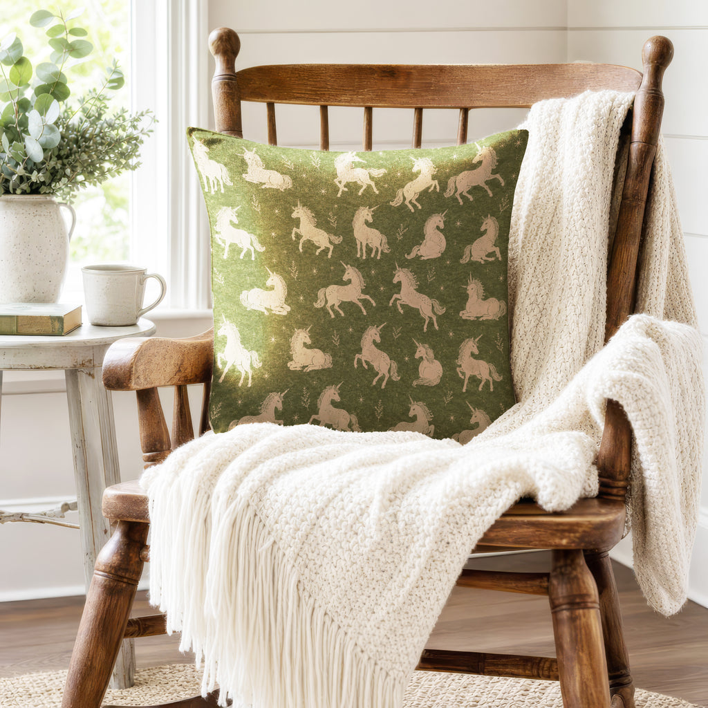 Starlight Unicorns – Sage Green Pillow