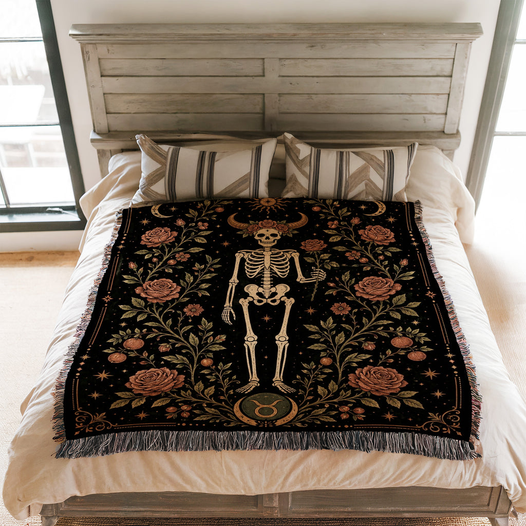 Taurus Roses & Horns – Gothic Skeleton Zodiac Blanket