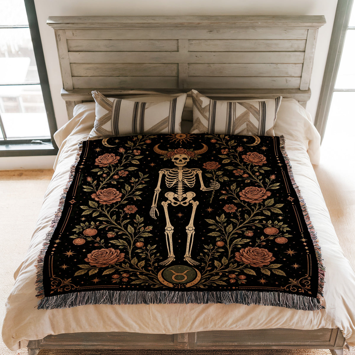 Taurus Roses & Horns – Gothic Skeleton Zodiac Blanket