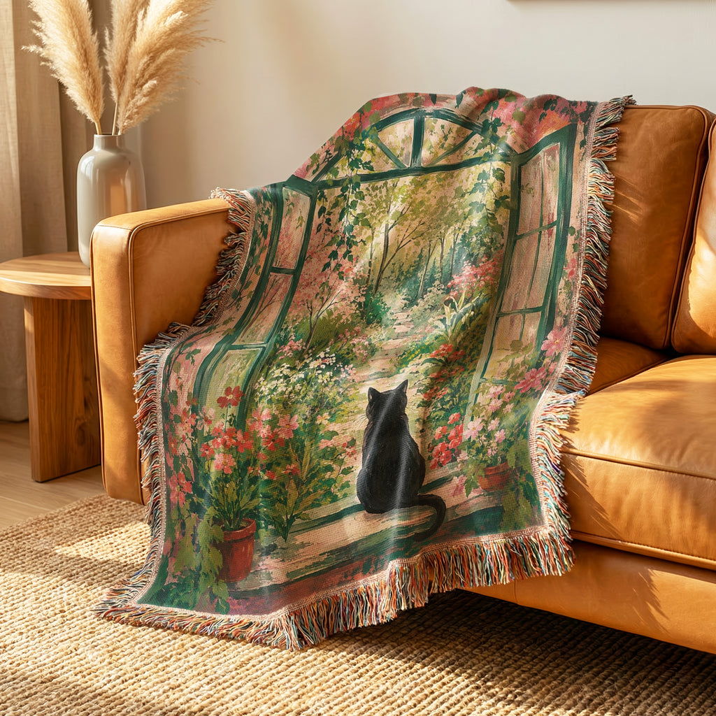 Secret Garden Window Black Cat Blanket
