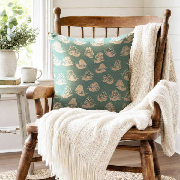 Mushroom Snails – Teal Woodland Pillow