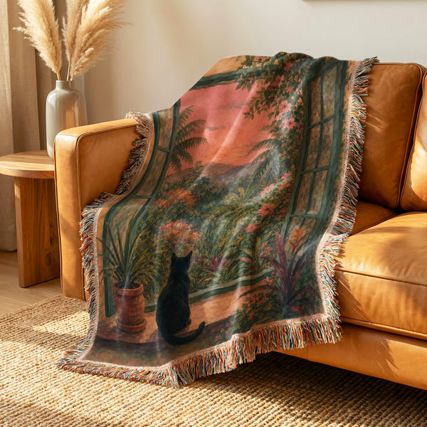 Sunset Garden Window Black Cat Blanket