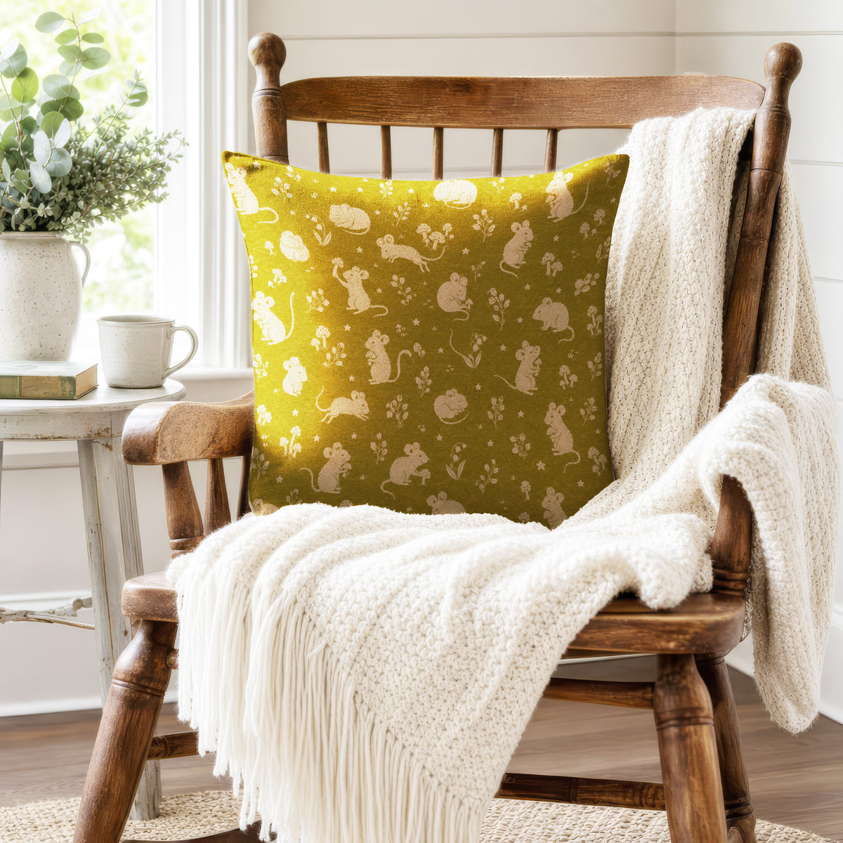 Meadow Mice – Mustard Woodland Pillow