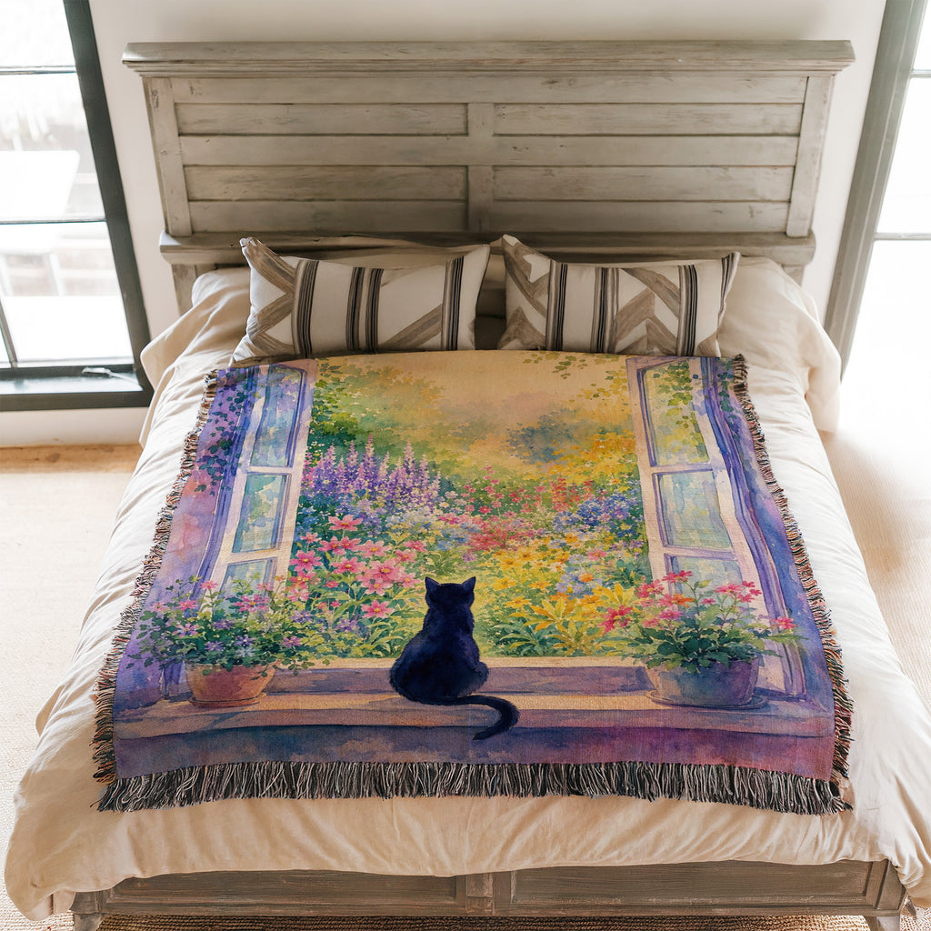 Morning Garden Window Black Cat Blanket