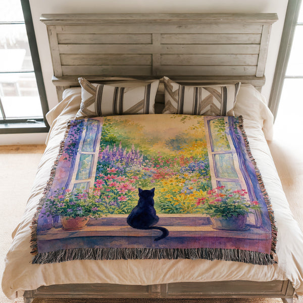 Morning Garden Window Black Cat Blanket