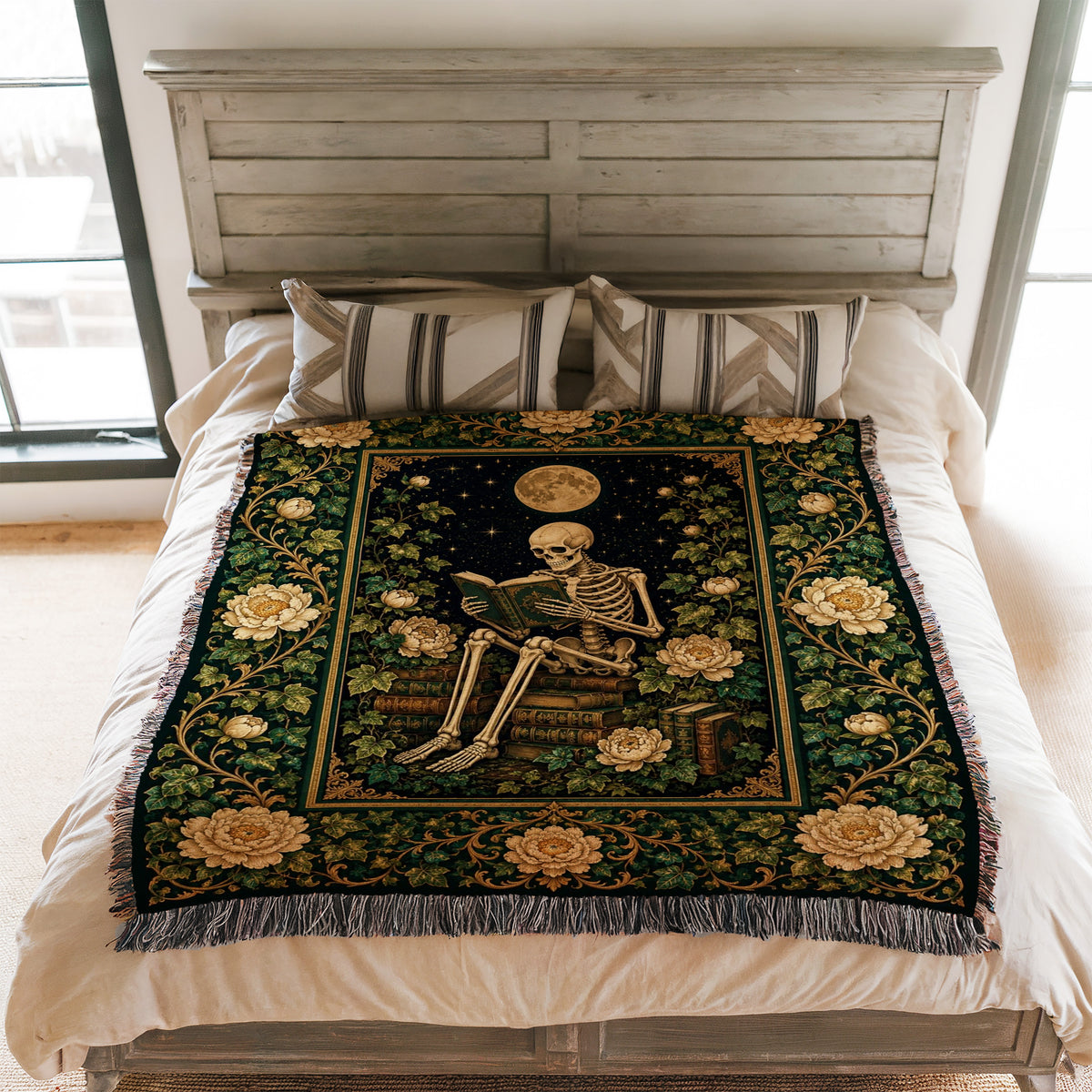 Moonlit Ivory Rose Skeleton Reader Blanket