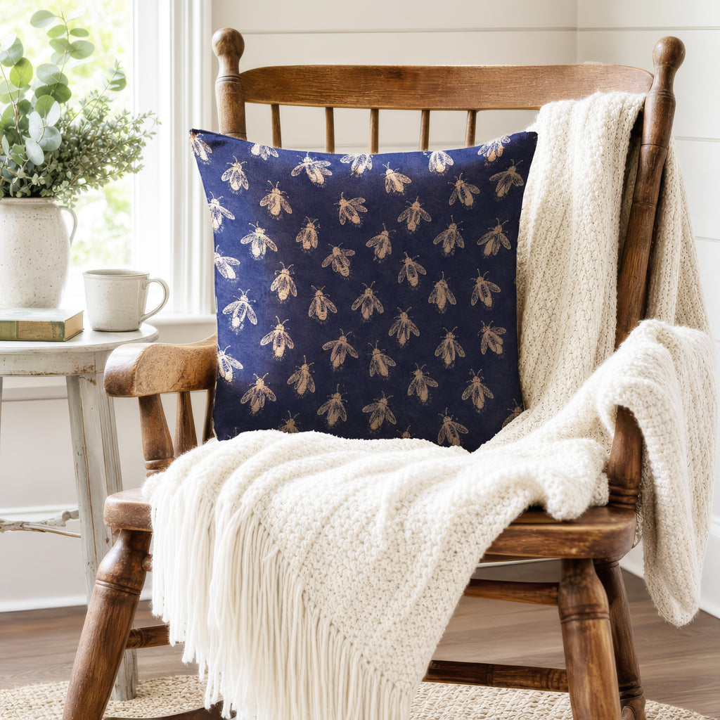 Midnight Bees – Navy Botanical Pillow