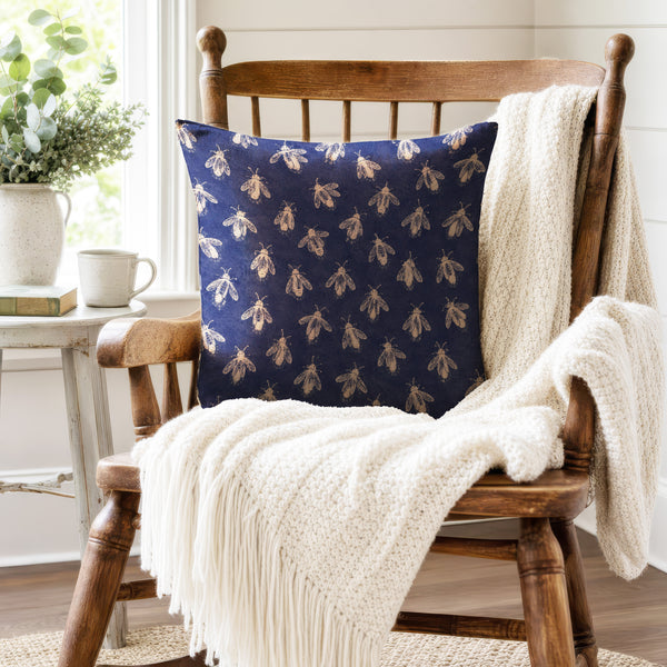 Midnight Bees – Navy Botanical Pillow
