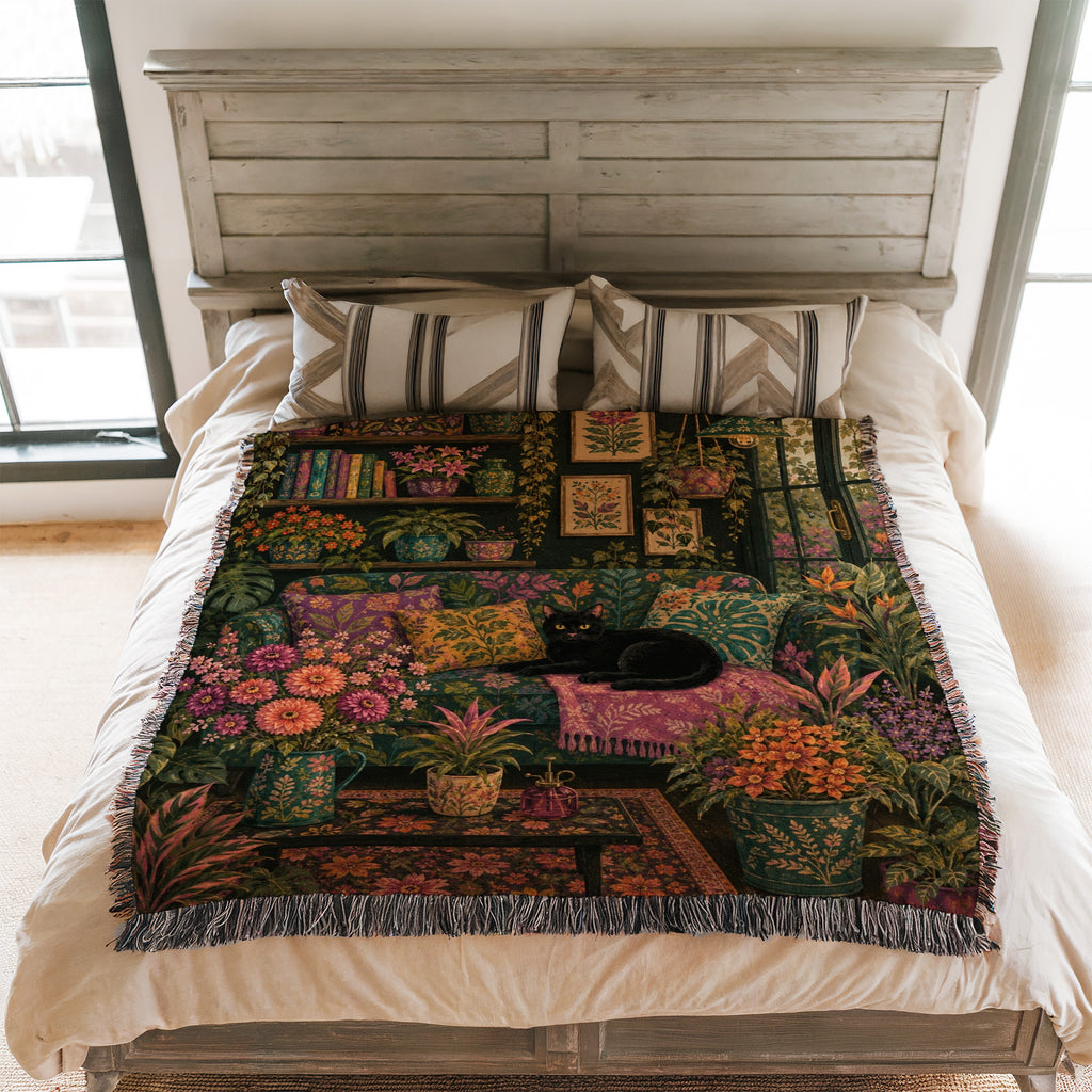 Dark Botanical Black Cat Blanket