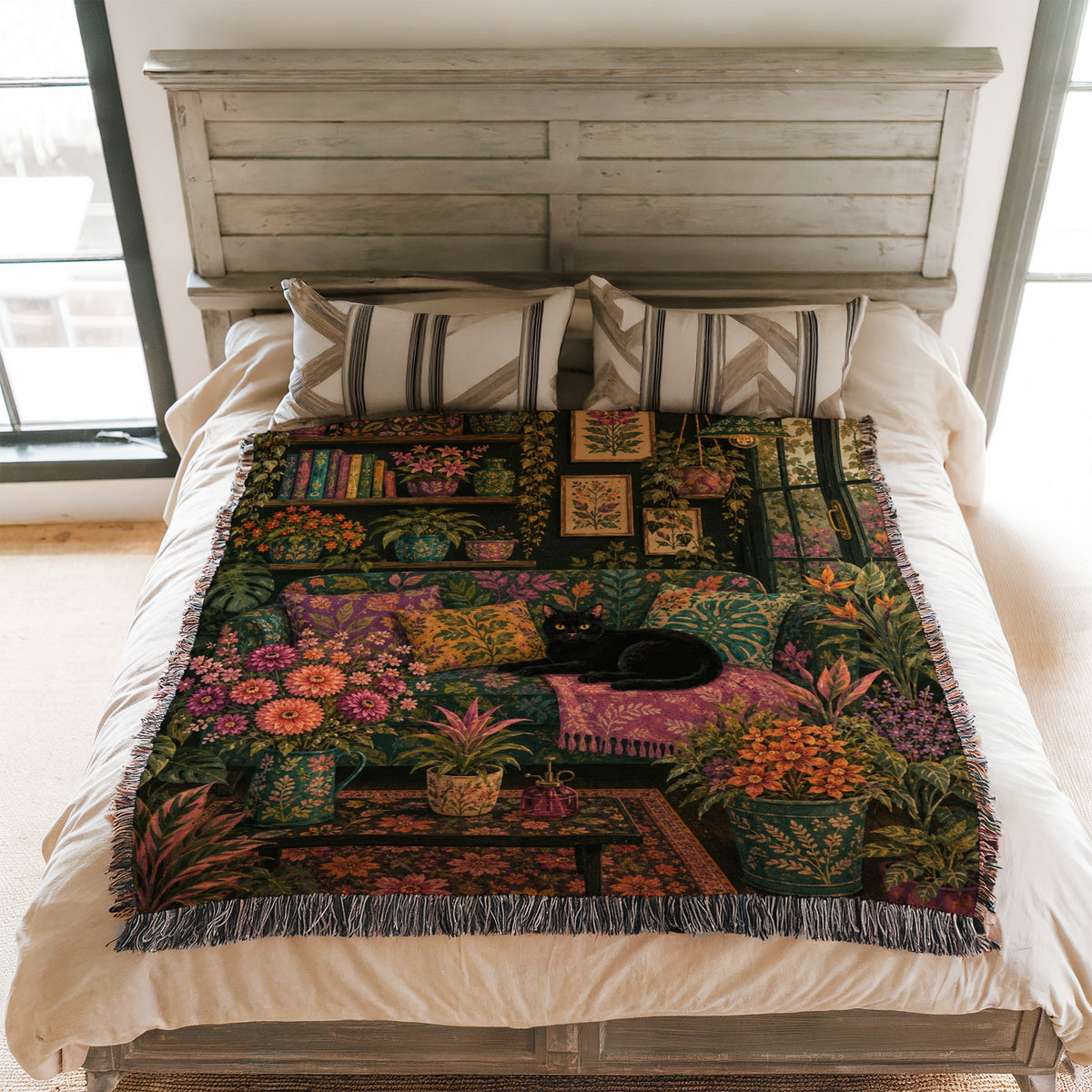 Dark Botanical Black Cat Blanket