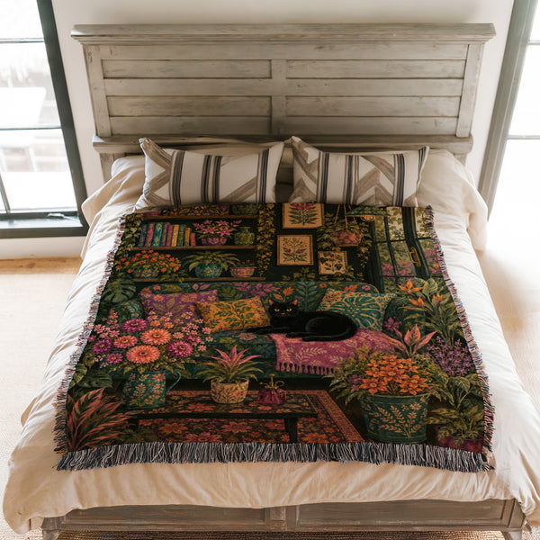 Dark Botanical Black Cat Blanket