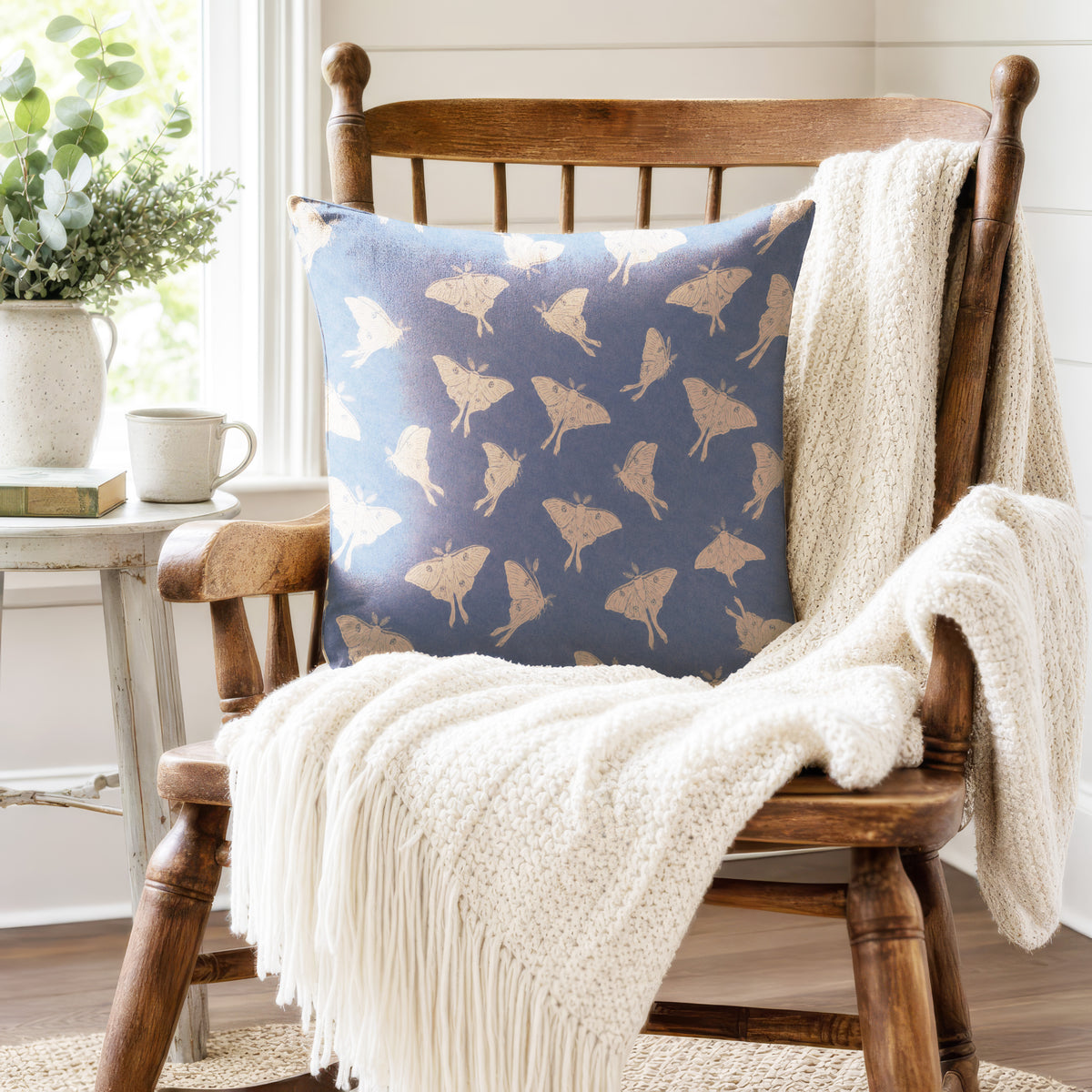 Luna Moths – Dusty Blue Botanical Pillow