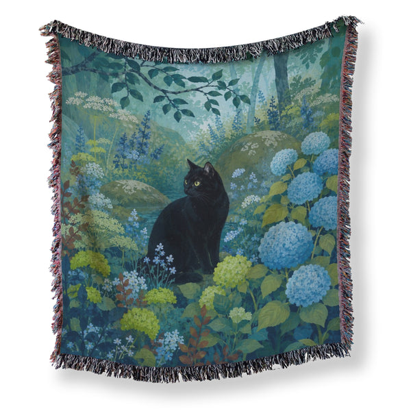 Blue Hydrangea Forest Black Cat Blanket