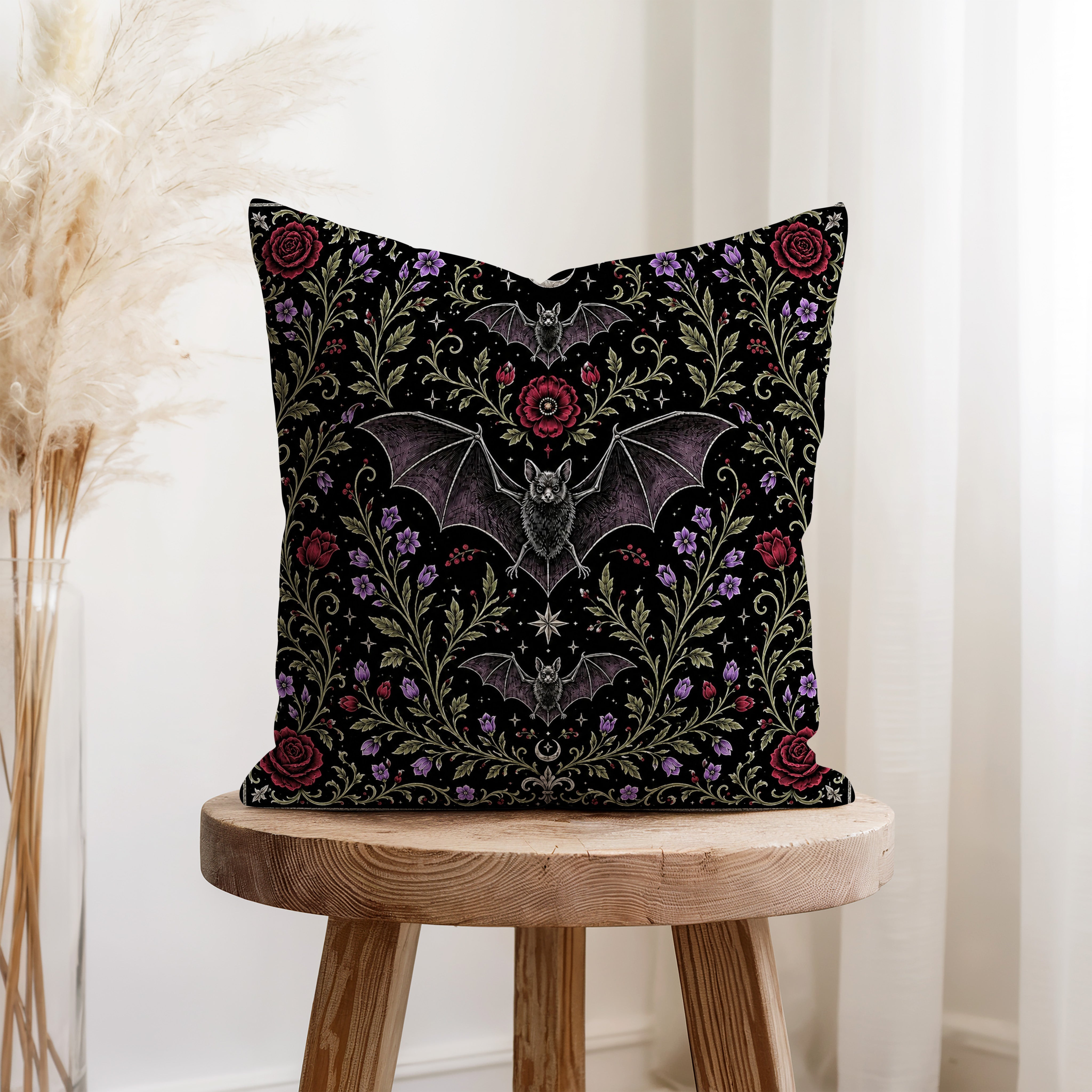 Bats in the Moon Garden – Gothic Floral Pillow Secondary image