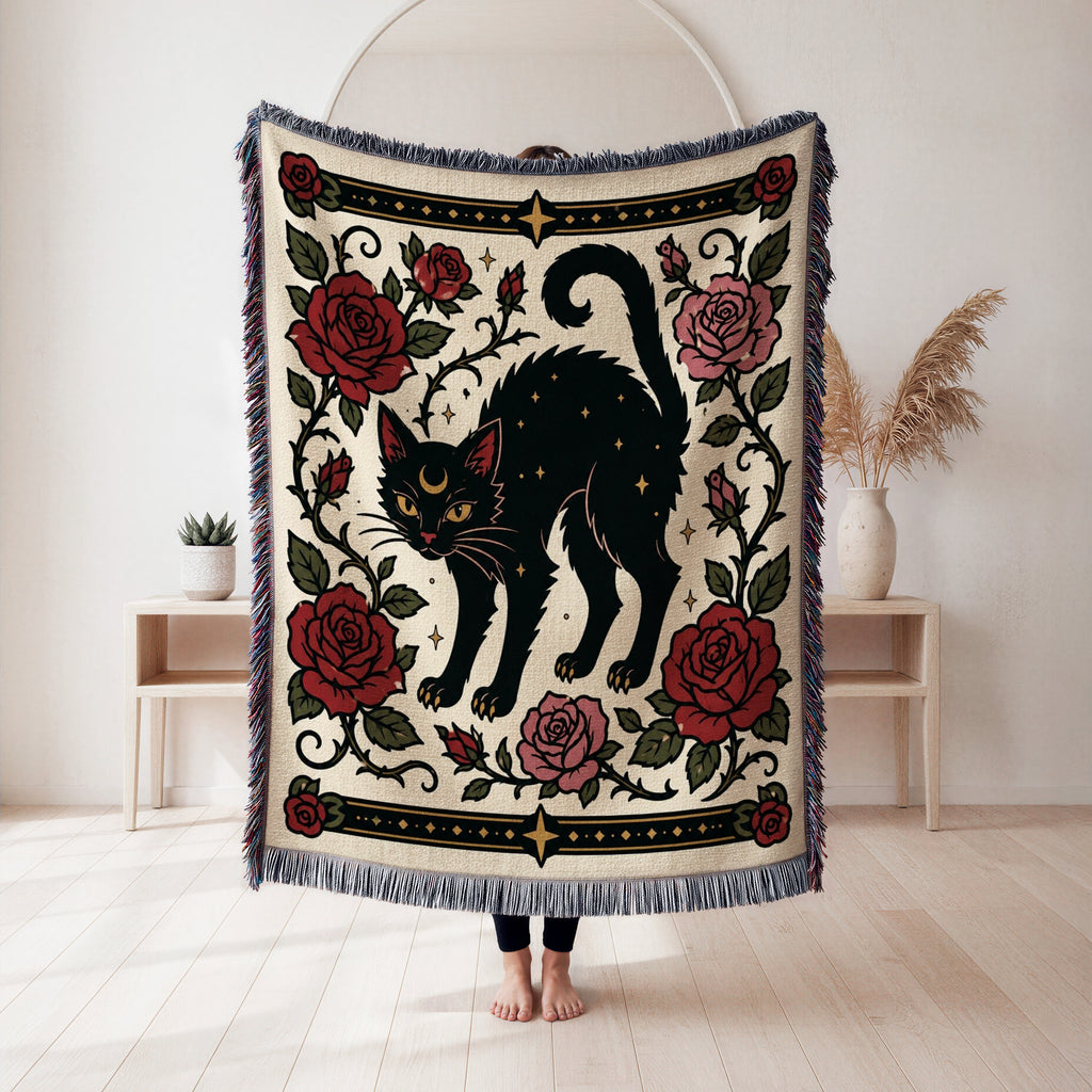 Black Cat & Roses Folk Blanket