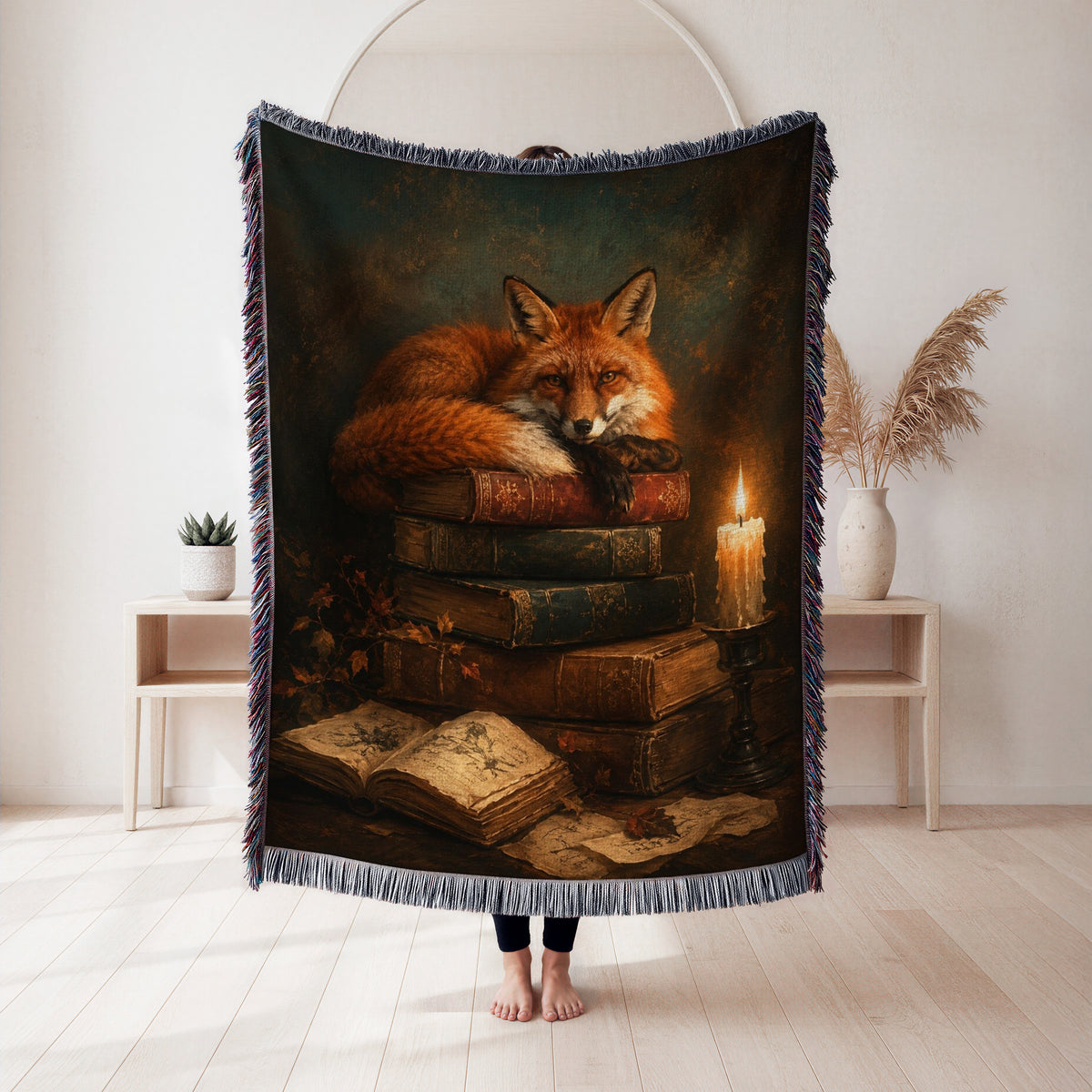 Candlelit Fox & Antique Books Blanket
