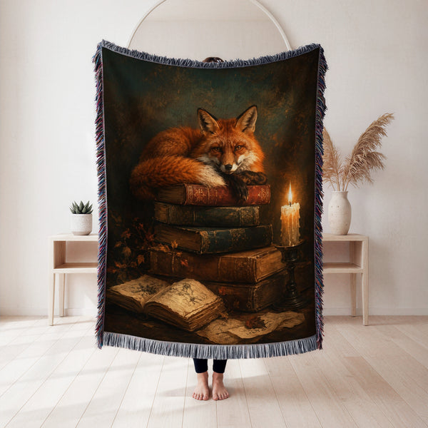 Candlelit Fox & Antique Books Blanket