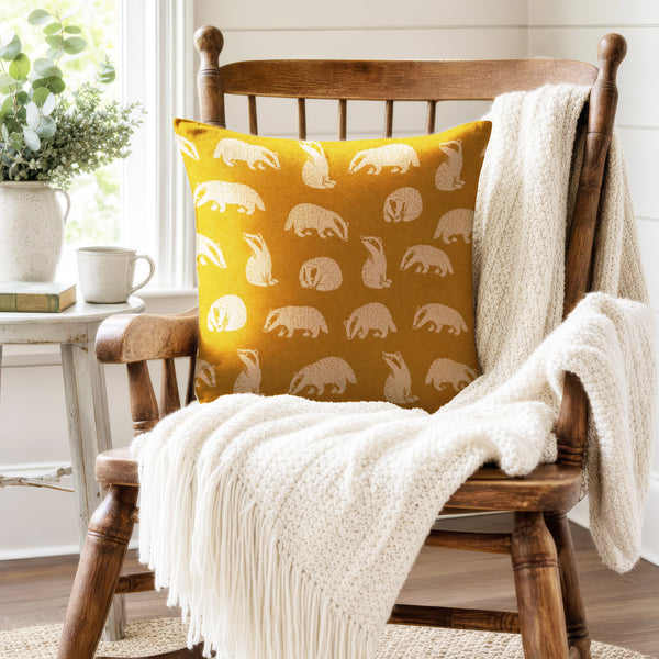 Woodland Badgers – Mustard Animal Pillow