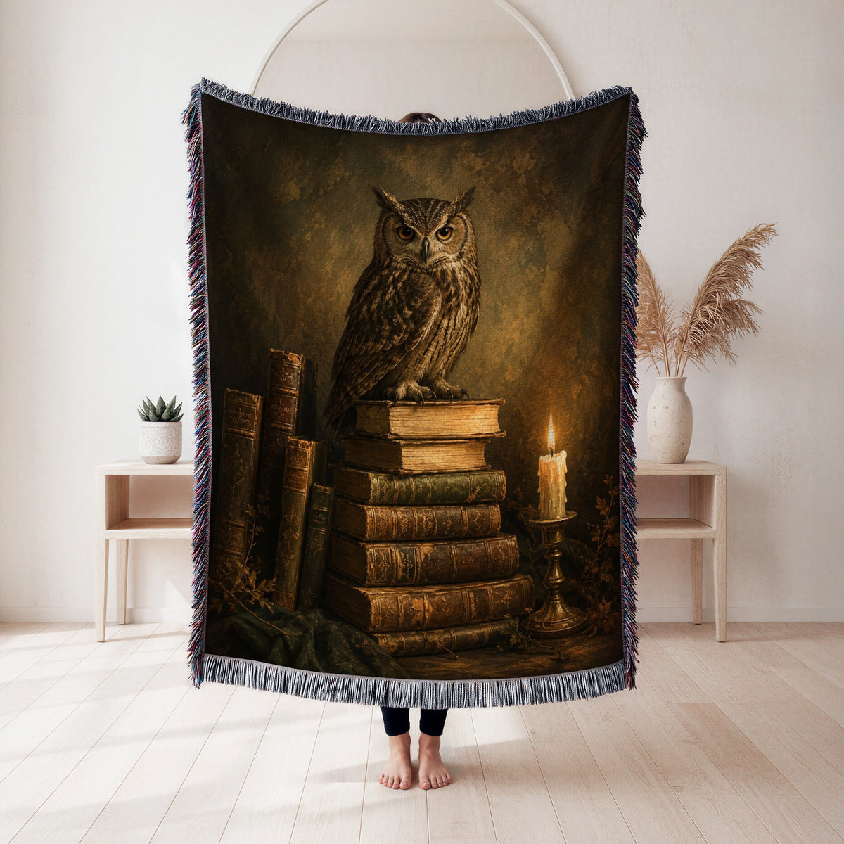 Candlelit Owl & Antique Books Blanket