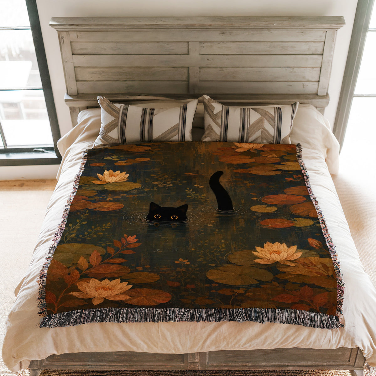 Autumn Lily Pond Black Cat Blanket
