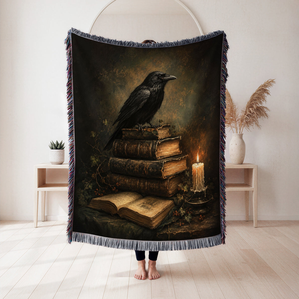 Candlelit Raven & Antique Books Blanket