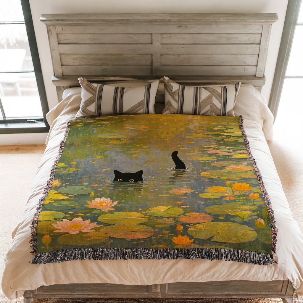 Sunlit Lily Pond Black Cat Blanket