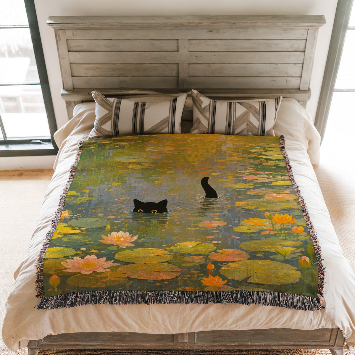 Sunlit Lily Pond Black Cat Blanket