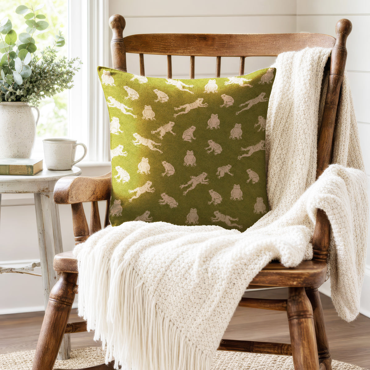 Pond Frogs – Moss Green Woodland Pillow