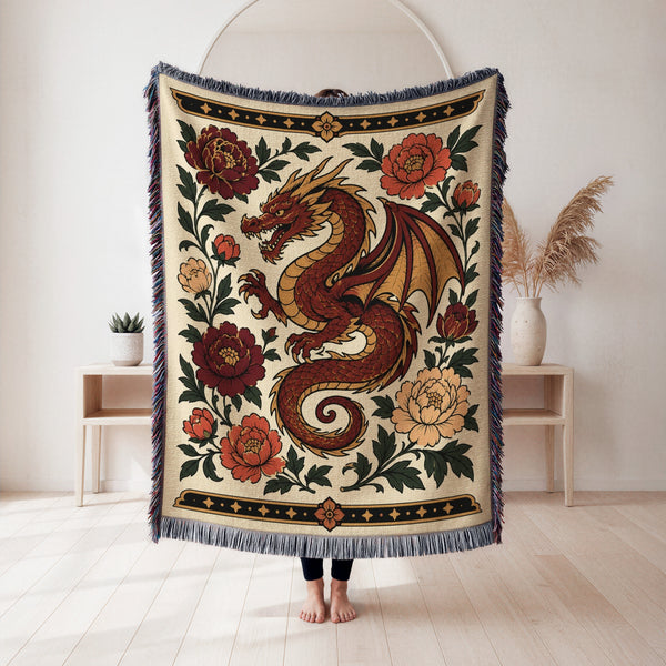 Crimson Dragon & Peonies Blanket