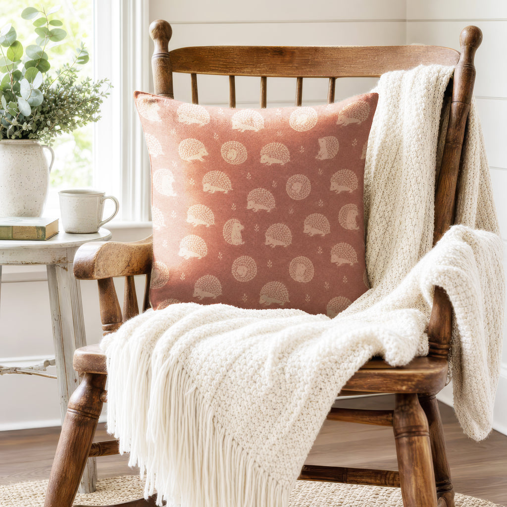 Hedgehog Meadow – Dusty Rose Woodland Pillow