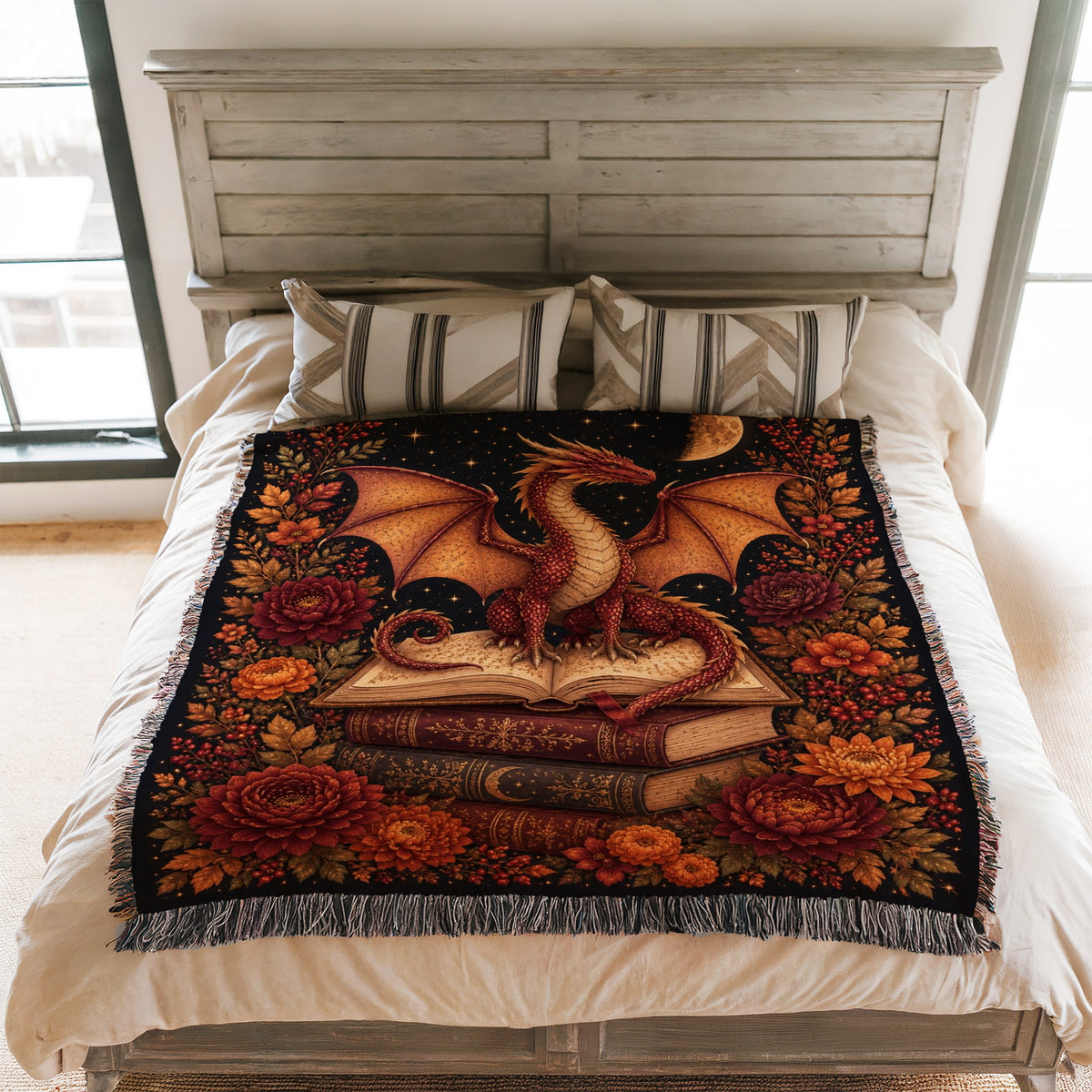 Autumn Crescent Dragon & Books Blanket