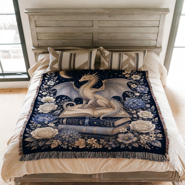 Silver Moon Dragon & Books Blanket