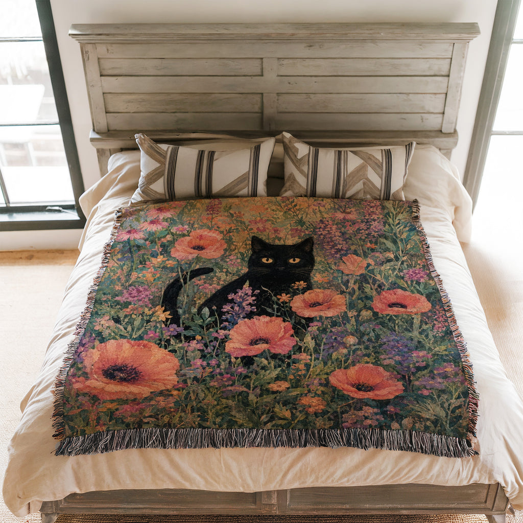 Poppy Meadow Black Cat Blanket