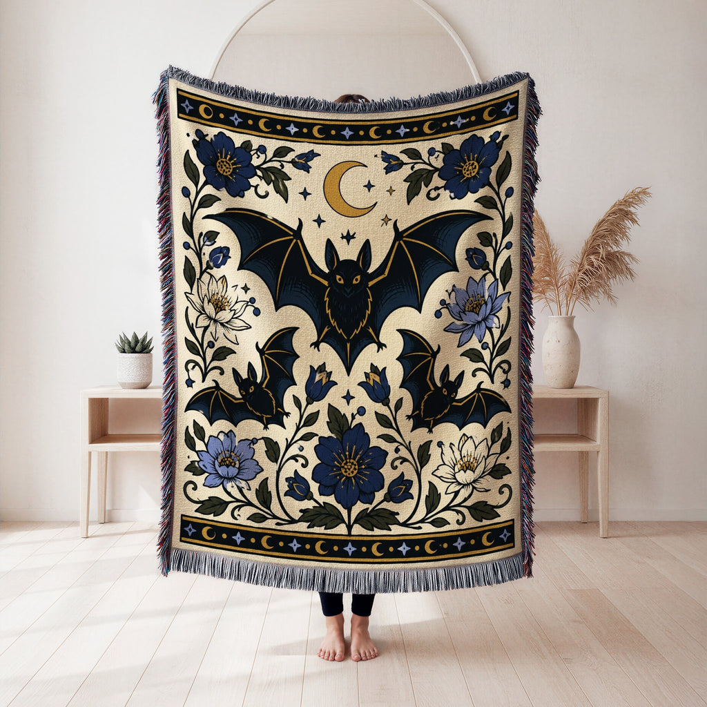 Moonlit Bats & Blue Flowers Blanket