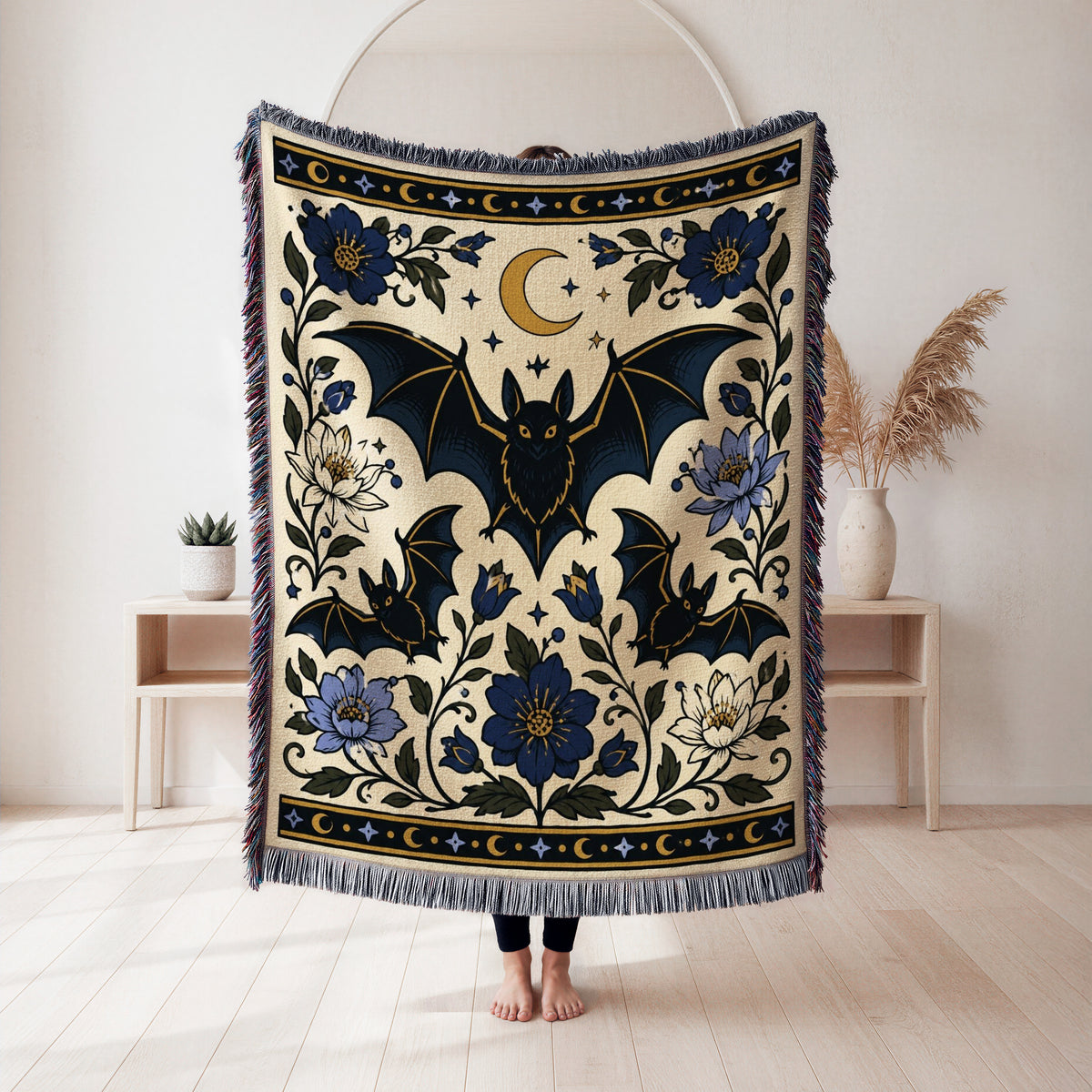 Moonlit Bats & Blue Flowers Blanket