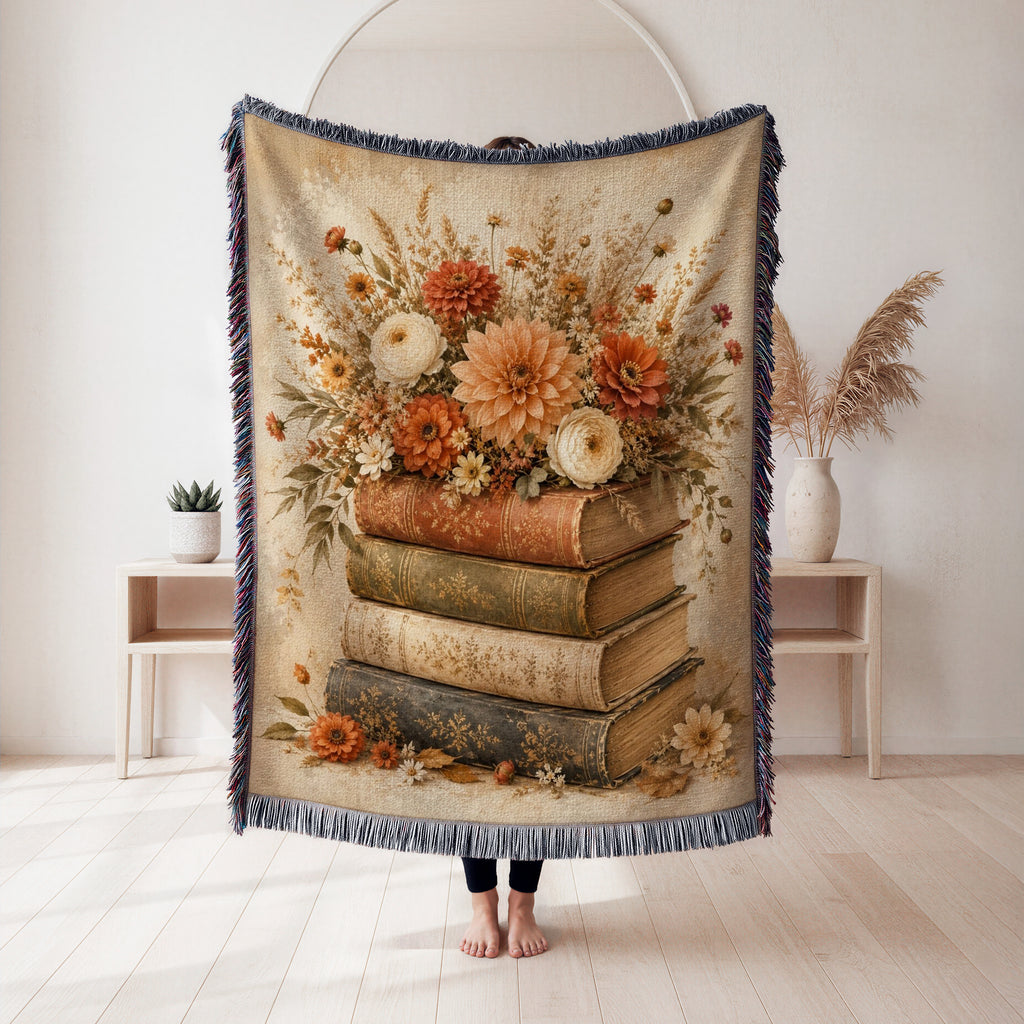 Autumn Flowers & Vintage Books Blanket