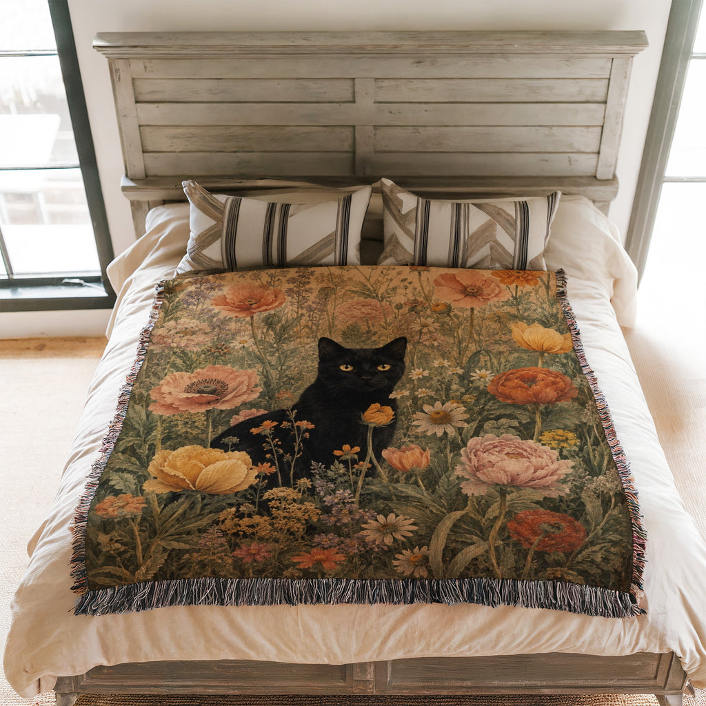 Vintage Poppy Garden Black Cat Blanket
