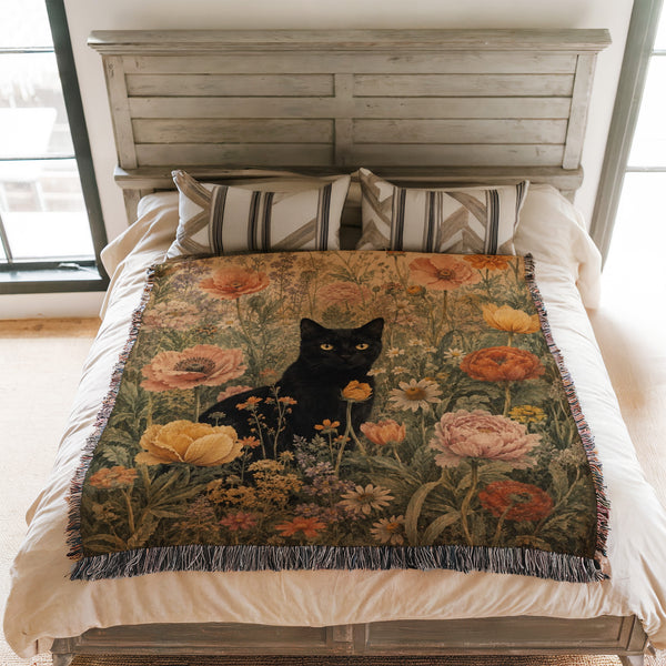 Vintage Poppy Garden Black Cat Blanket