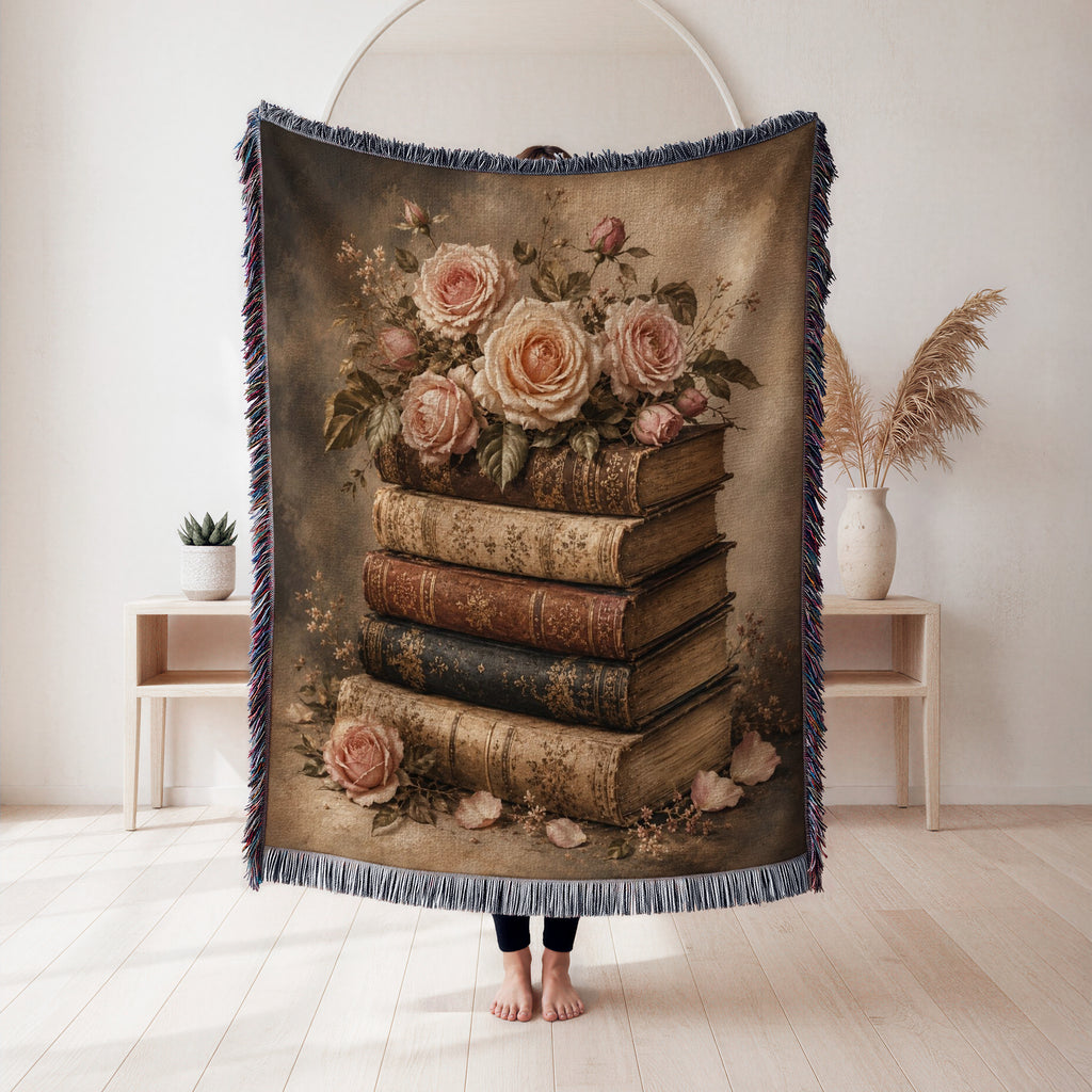 Blush Roses & Antique Books Blanket