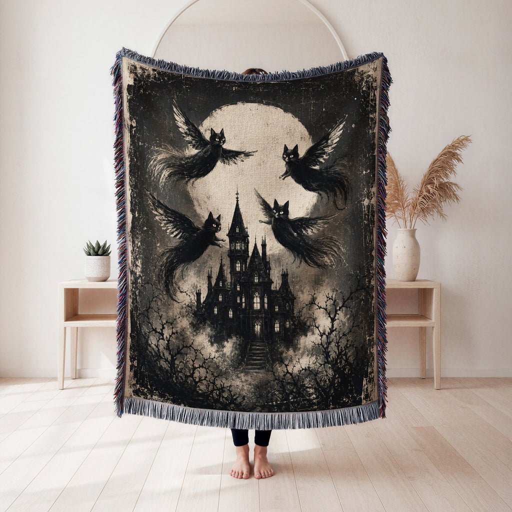 Winged Black Cats Over the Manor Blanket