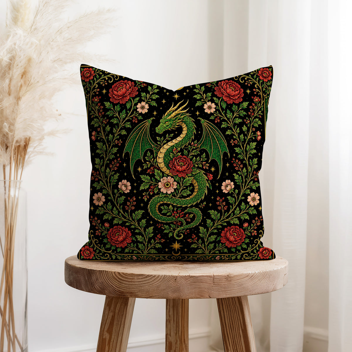 Verdant Wyrm – Gothic Dragon Floral Pillow