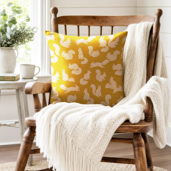 Golden Squirrels – Mustard Woodland Pillow