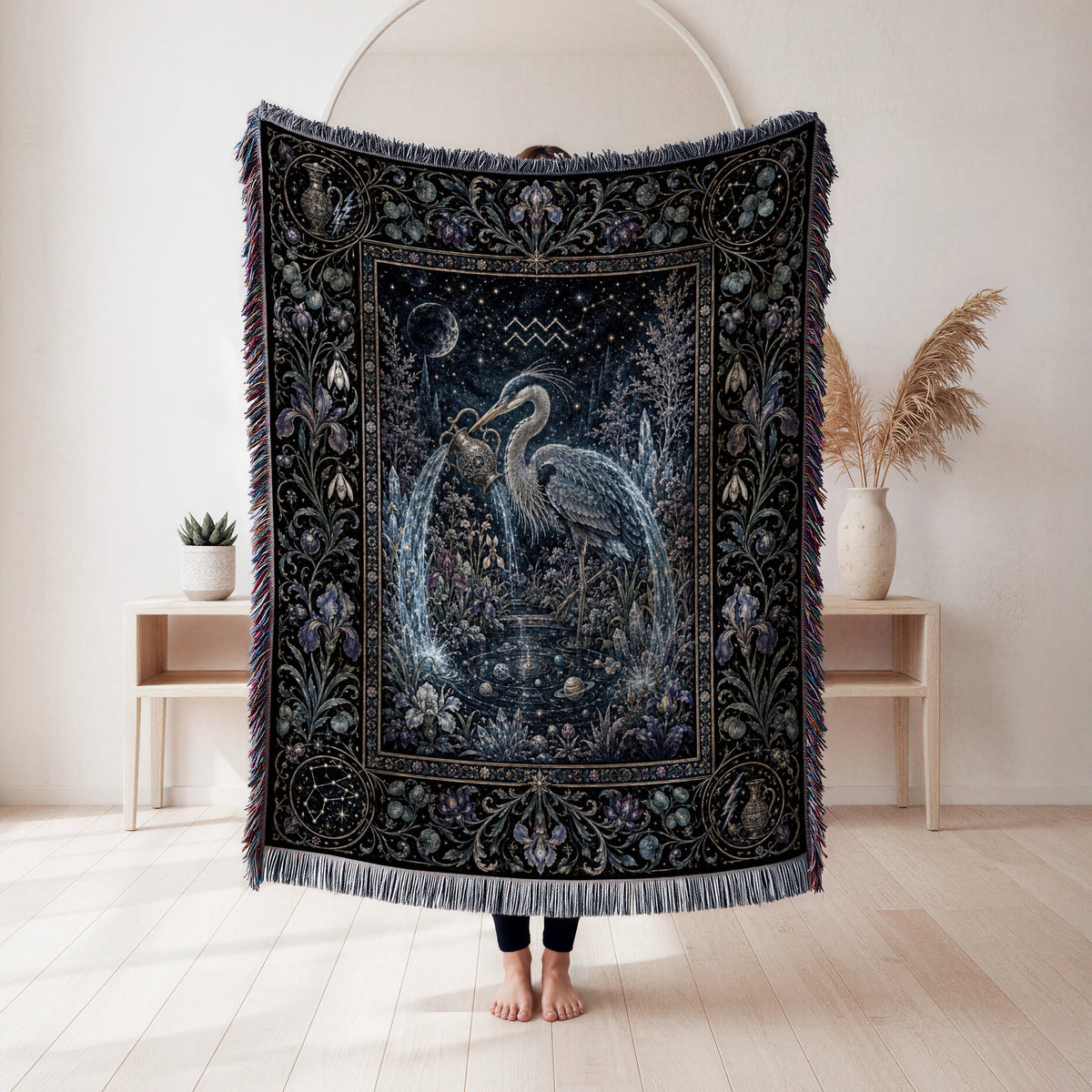 Aquarius Moonlit Heron Zodiac Blanket