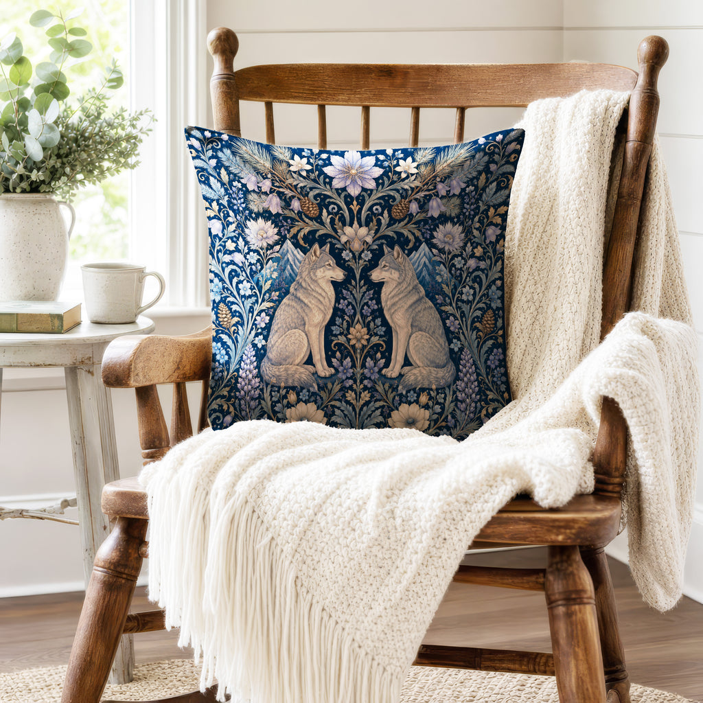 Moonlit Wolves – Blue Botanical Woodland Pillow