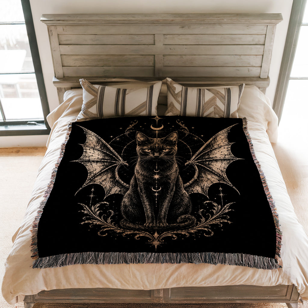 Winged Black Cat Celestial Blanket